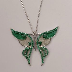 925 Silver green butterfly necklace handmade enamel cubic zirconia cz stones